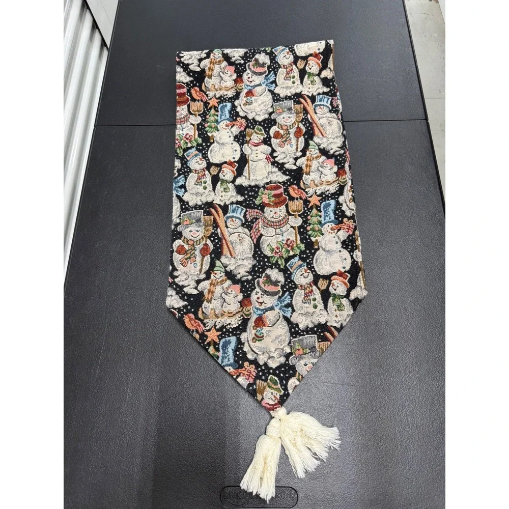 Vintage Woven Tapestry Snowman Christmas Table Runner 4ft Tassels Holiday Decor